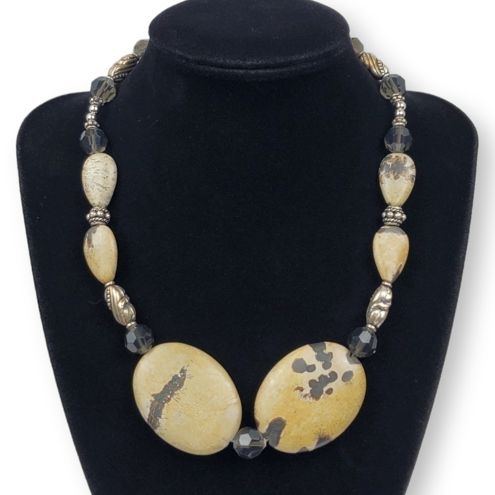Jasper Beaded Statement Necklace Tan Gray Oval Natural Stone Silver Tone 19"